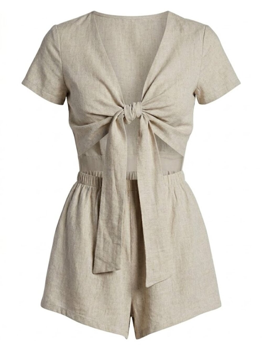 Womens 4 Beige Linen Romper Tie Front Cut Out Playsuit European Summer Old Money